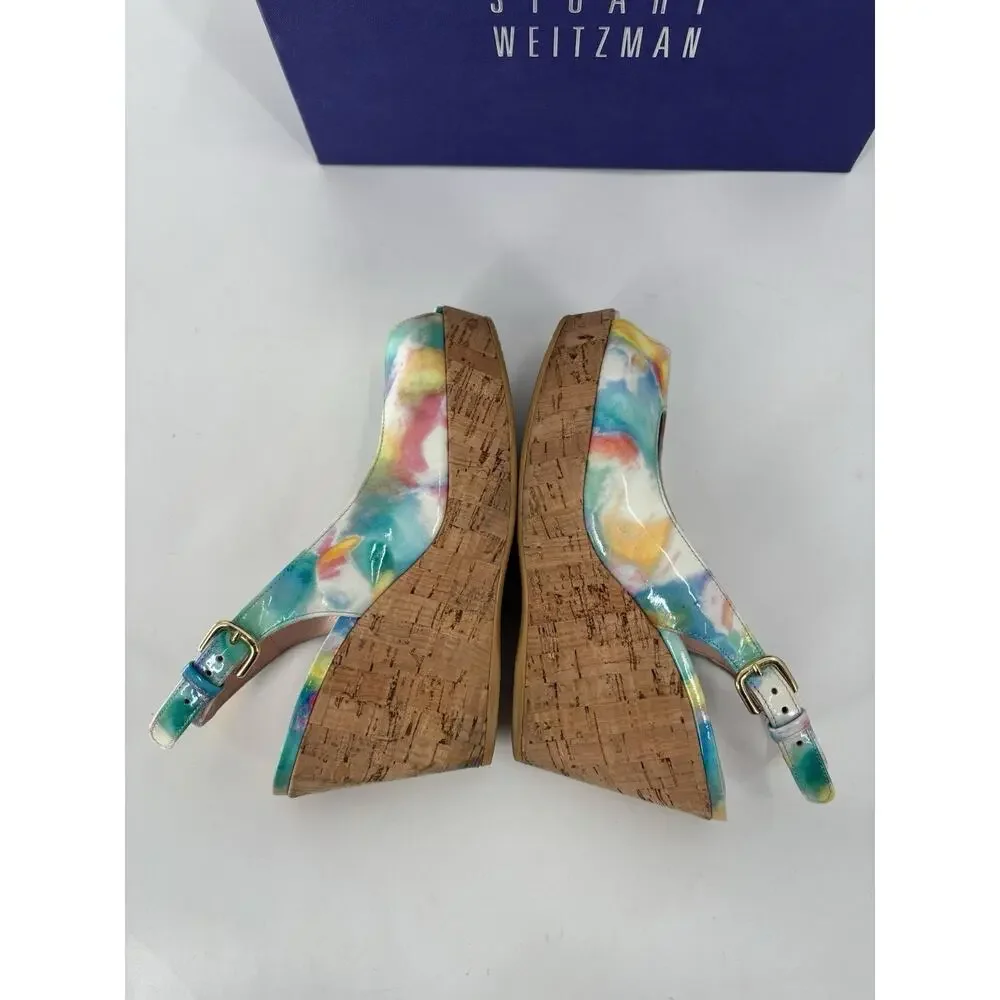 Stuart Weitzman Jean Slingback Wedges Sandals 5.5 Multicolor Patent Leather Peep